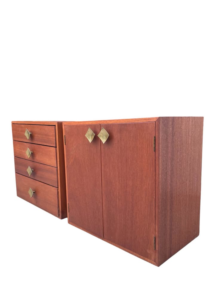 Pair of Vintage Mid Century 4-Drawer & 2-Door Teak Nightstands Bedside Cabinets Storage Cabinets w/B