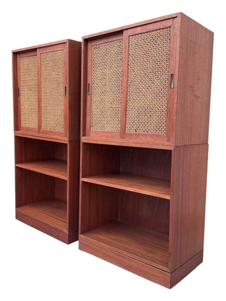 Pair of Vintage Mid Century Teak Modular Stacking Cabinets Bookcase w/Woven Cane Sliding Doors & Pli