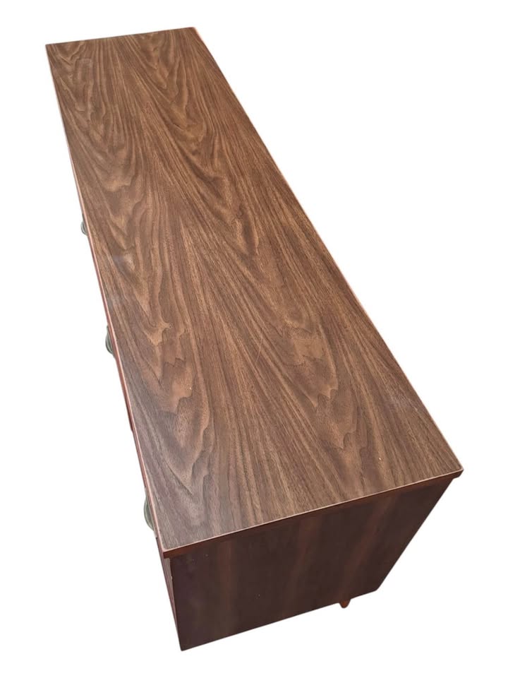 Vintage Mid Century 9-Drawer Walnut Dresser Credenza w/Sculptural Integrated Finger Pulls, Original