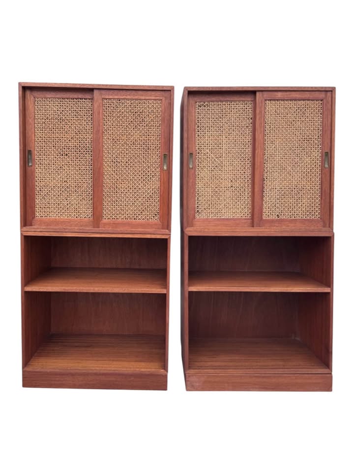 Pair of Vintage Mid Century Teak Modular Stacking Cabinets Bookcase w/Woven Cane Sliding Doors & Pli