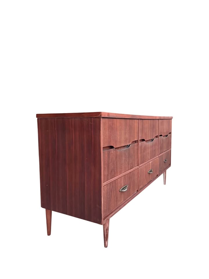 Vintage Mid Century 9-Drawer Walnut Dresser Credenza w/Sculptural Integrated Finger Pulls, Original