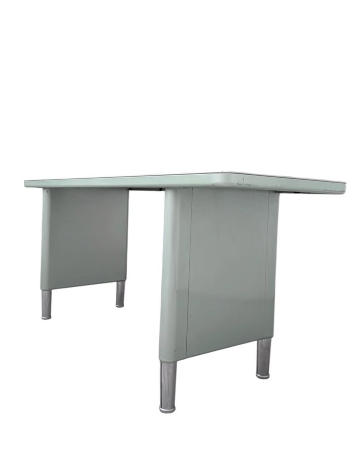 Vintage Mid Century Soft Mint Green "Tanker" Style Slim Writing Desk or Console Table w/Telescoping