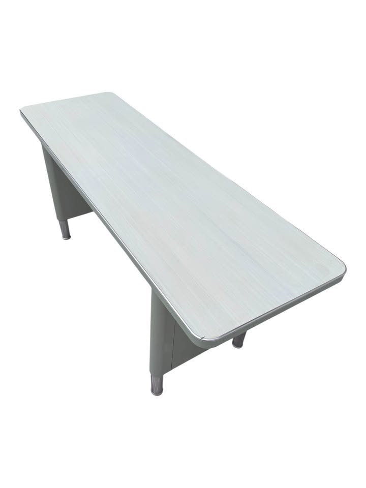 Vintage Mid Century Soft Mint Green "Tanker" Style Slim Writing Desk or Console Table w/Telescoping