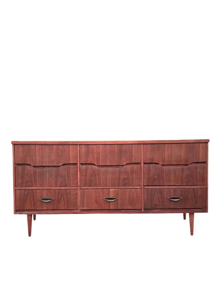 Vintage Mid Century 9-Drawer Walnut Dresser Credenza w/Sculptural Integrated Finger Pulls, Original