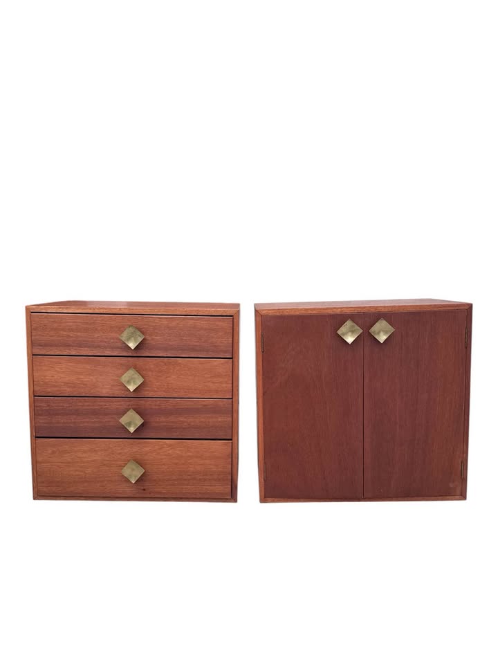 Pair of Vintage Mid Century 4-Drawer & 2-Door Teak Nightstands Bedside Cabinets Storage Cabinets w/B