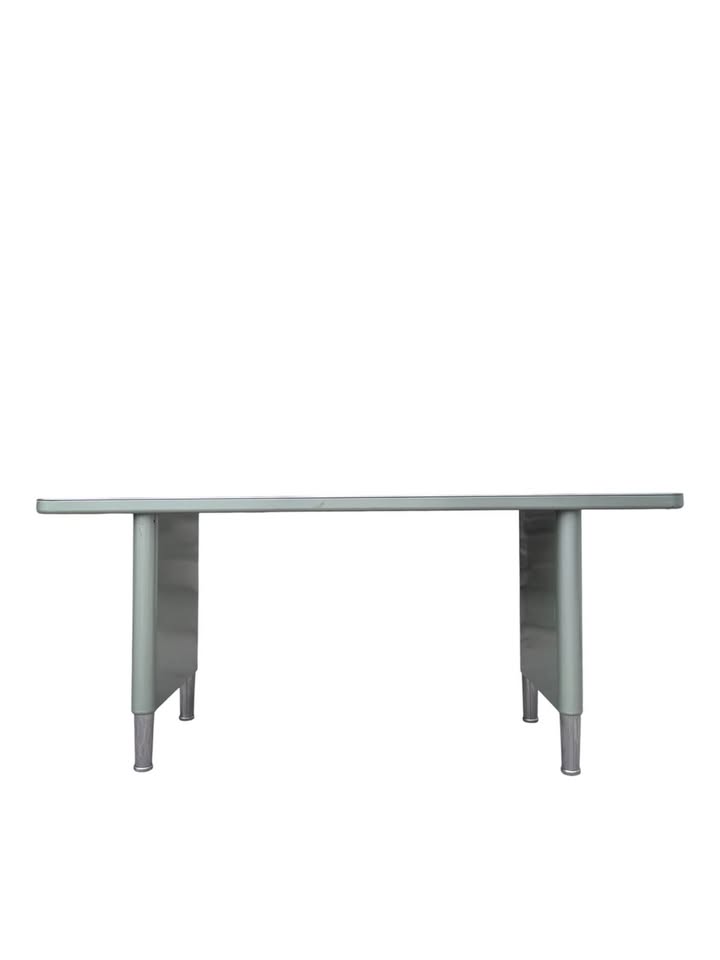 Vintage Mid Century Soft Mint Green "Tanker" Style Slim Writing Desk or Console Table w/Telescoping