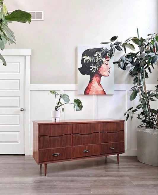 Vintage Mid Century 9-Drawer Walnut Dresser Credenza w/Sculptural Integrated Finger Pulls, Original