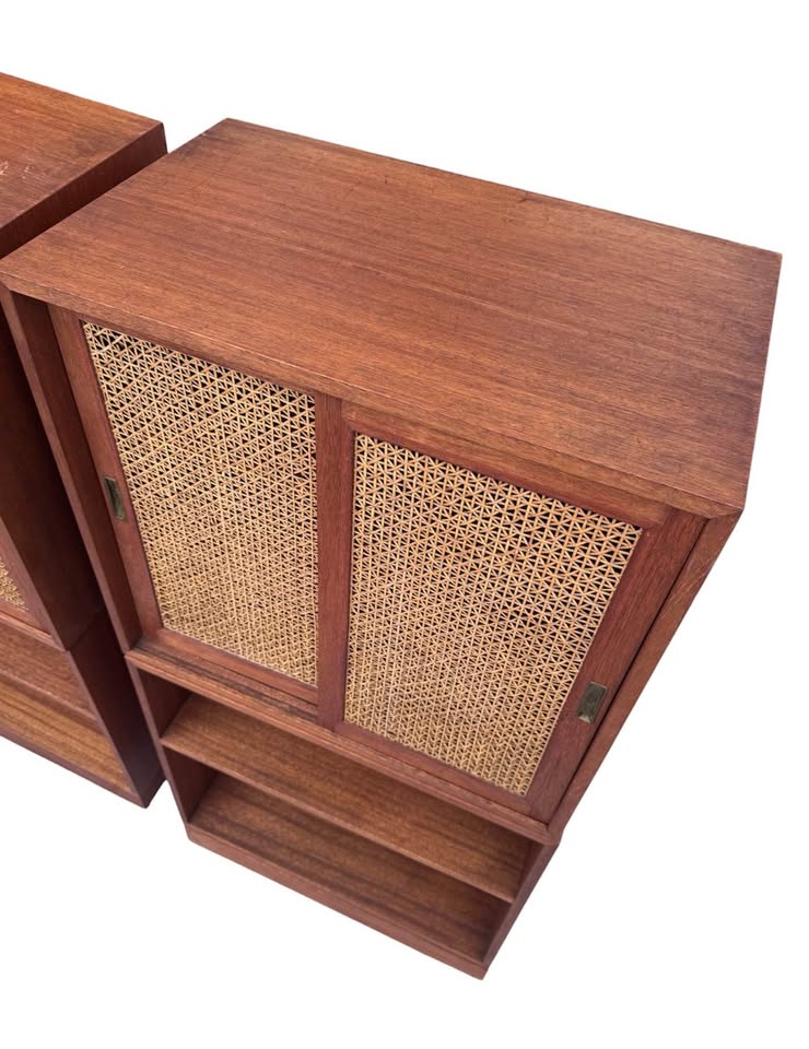 Pair of Vintage Mid Century Teak Modular Stacking Cabinets Bookcase w/Woven Cane Sliding Doors & Pli