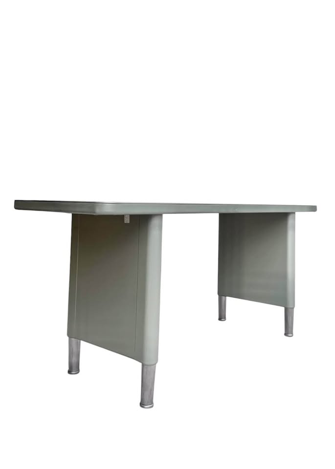 Vintage Mid Century Soft Mint Green "Tanker" Style Slim Writing Desk or Console Table w/Telescoping