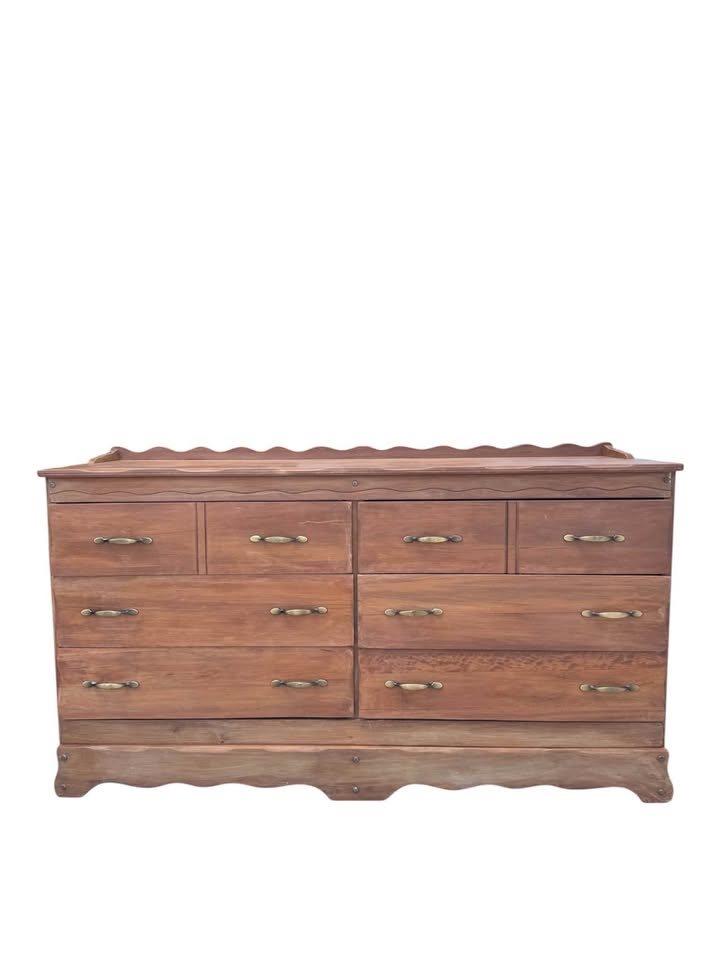Vintage English Provincial 6-Drawer Dresser Credenza w/Organic Scalloped Apron & Gallery Back & Orig