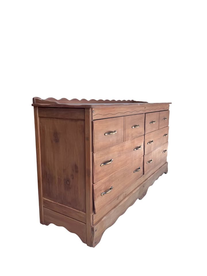 Vintage English Provincial 6-Drawer Dresser Credenza w/Organic Scalloped Apron & Gallery Back & Orig