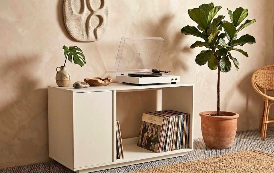 Modern White Laminate 53" Record Player Stand Media Console w/Enclosed Cabinet & Storage