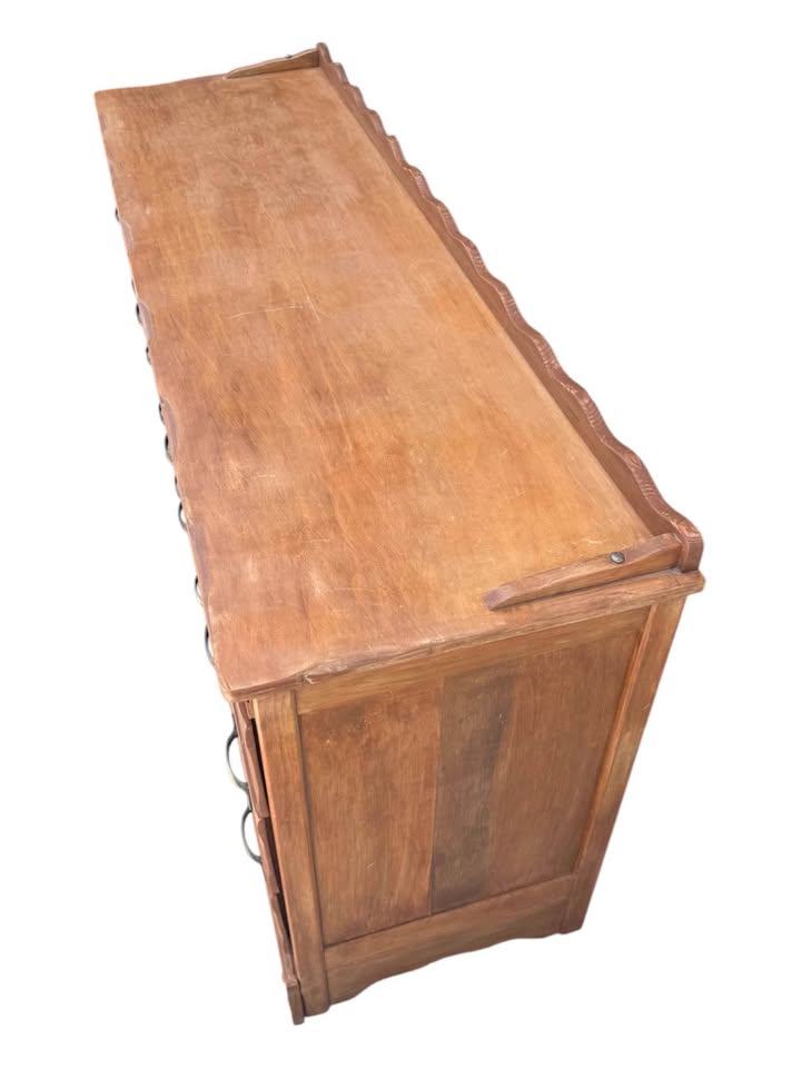 Vintage English Provincial 6-Drawer Dresser Credenza w/Organic Scalloped Apron & Gallery Back & Orig