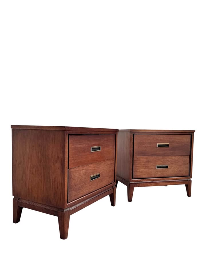 Pair of Vintage Mid Century 2-Drawer Walnut Nightstands w/Original Recessed Brass & Black Pulls & Ta