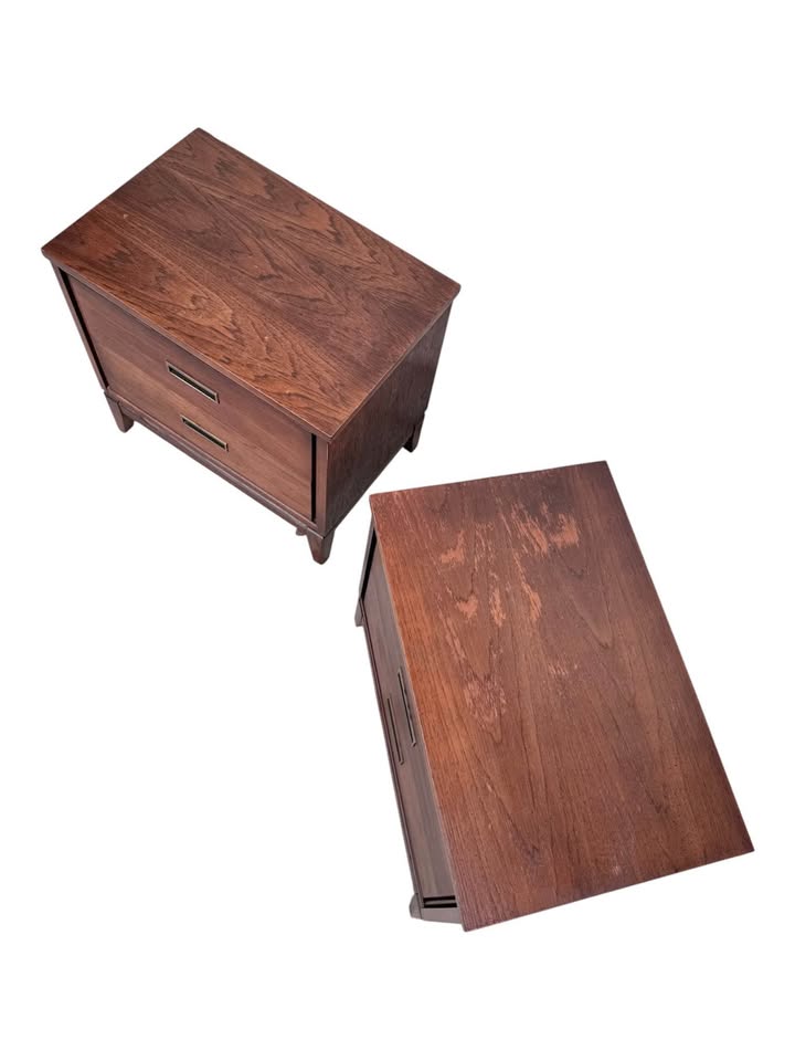 Pair of Vintage Mid Century 2-Drawer Walnut Nightstands w/Original Recessed Brass & Black Pulls & Ta