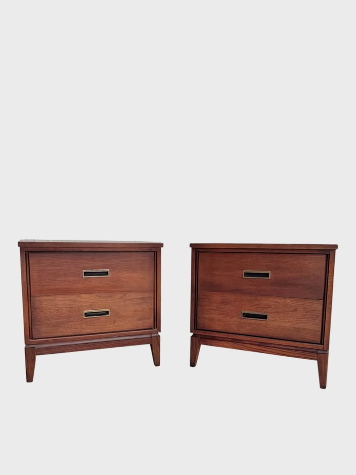 Pair of Vintage Mid Century 2-Drawer Walnut Nightstands w/Original Recessed Brass & Black Pulls & Ta