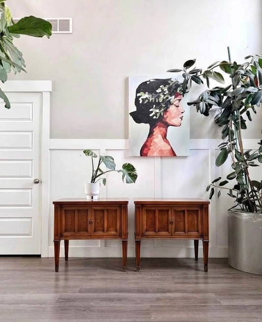 Pair of Vintage Mid Century Nightstands or Side Tables w/Double Door Cabinet, Brass Accents, Burl Fa