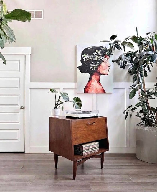 Vintage Mid Century Small Walnut Record Console Table w/Drop Down Cabinet, Interior Media Storage &