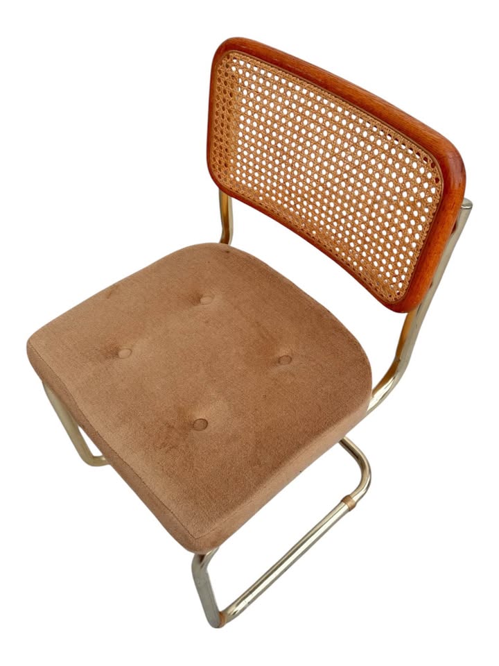 Pair of Vintage Mid Century Tan Velour Button Tufted Cesca Cane Back Dining Chairs w/Tubular Brass F