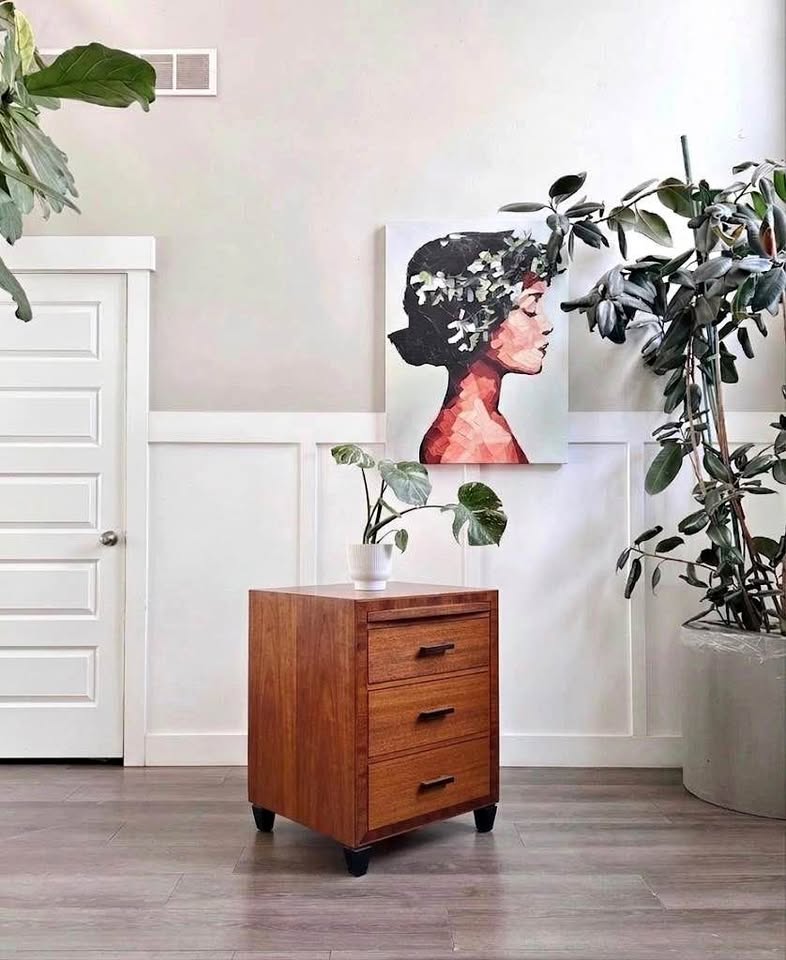 Vintage Mid Century 3-Drawer Teak Wood Nightstand w/Pullout Writing Slide, Original Hand Sculpted Wo