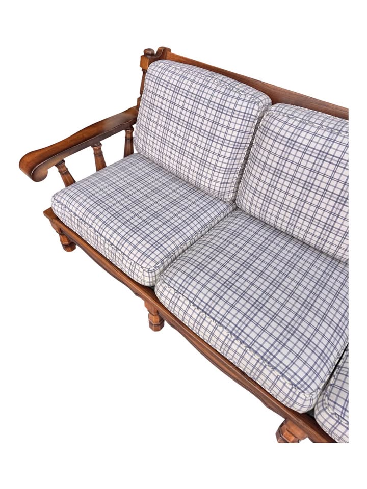 Vintage 3-Seater White & Blue Plaid Farmhouse Traditional Spindle Wood Frame Sofa w/Scalloped Apron