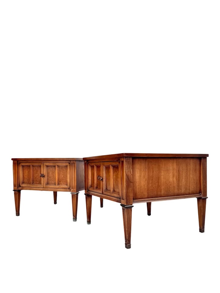 Pair of Vintage Mid Century Nightstands or Side Tables w/Double Door Cabinet, Brass Accents, Burl Fa