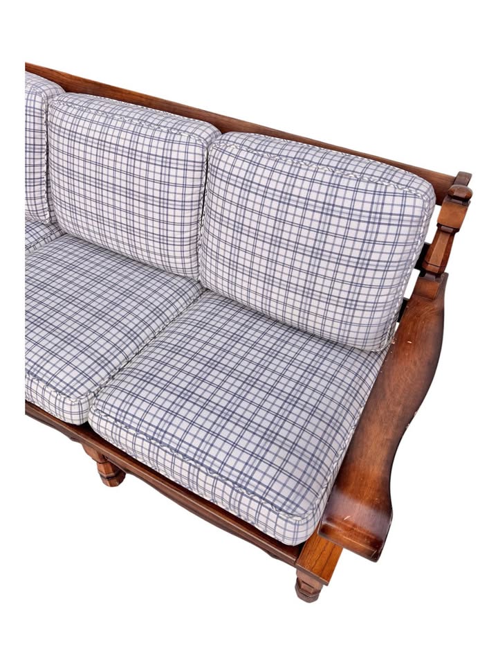 Vintage 3-Seater White & Blue Plaid Farmhouse Traditional Spindle Wood Frame Sofa w/Scalloped Apron