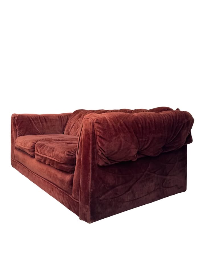 Vintage Mid Century 2-Seater Chocolatey Brown Velour Button Tufted Plush Crush Loveseat Sofa Couch w