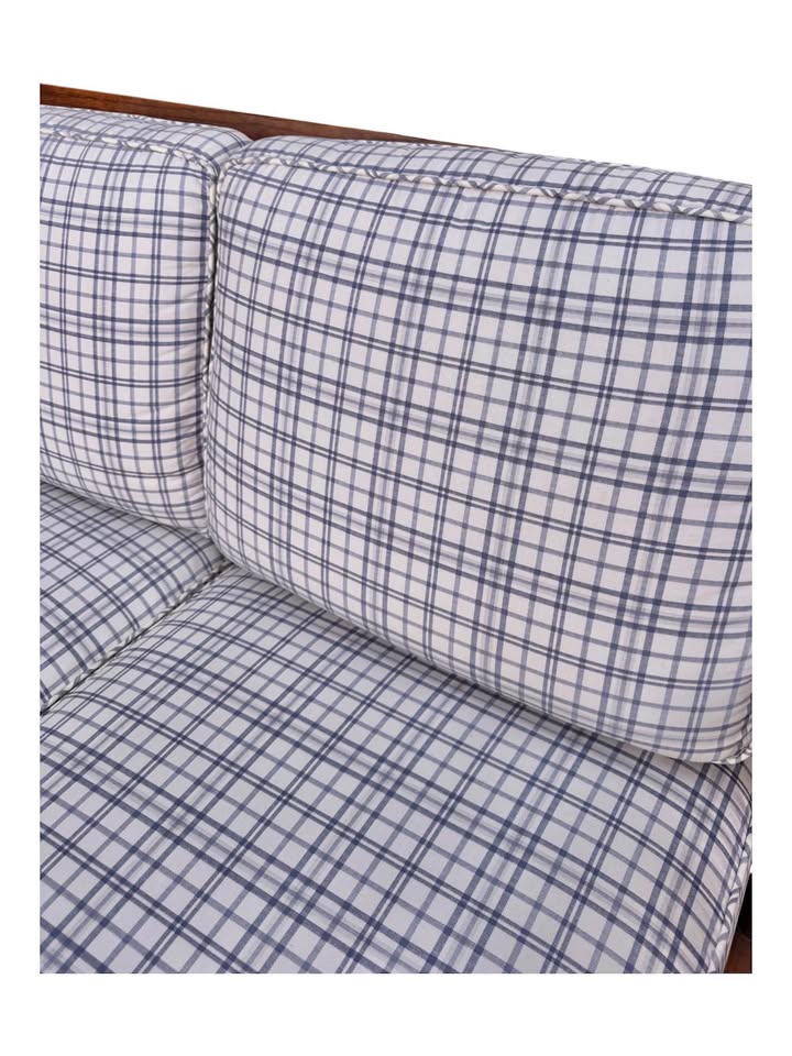 Vintage 3-Seater White & Blue Plaid Farmhouse Traditional Spindle Wood Frame Sofa w/Scalloped Apron