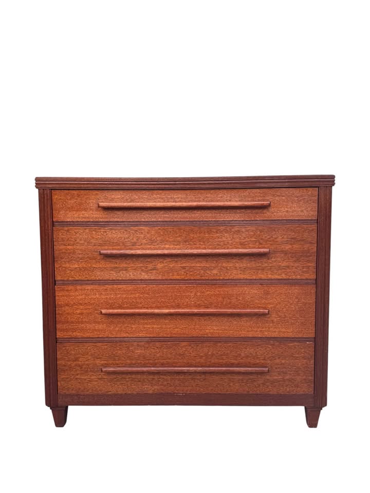 Vintage Mid Century Large Scale 4-Drawer Mahogany Chest of Drawers Dresser w/Sculpted Wood Integrate