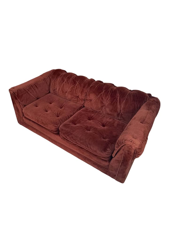 Vintage Mid Century 2-Seater Chocolatey Brown Velour Button Tufted Plush Crush Loveseat Sofa Couch w