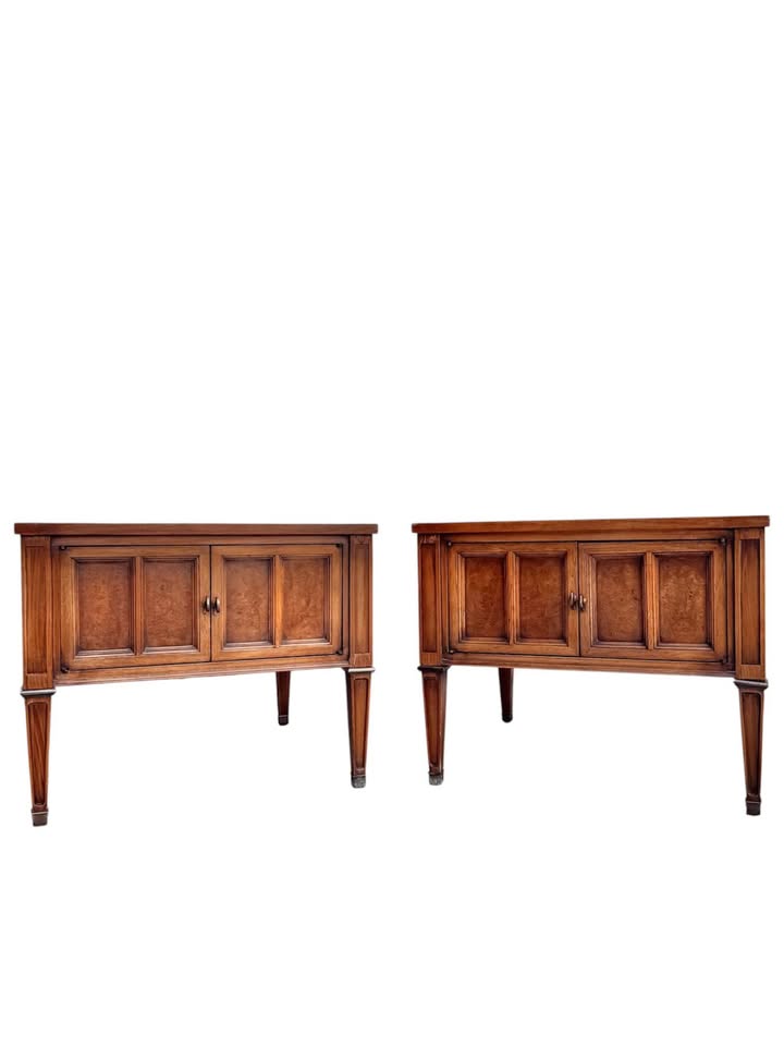 Pair of Vintage Mid Century Nightstands or Side Tables w/Double Door Cabinet, Brass Accents, Burl Fa