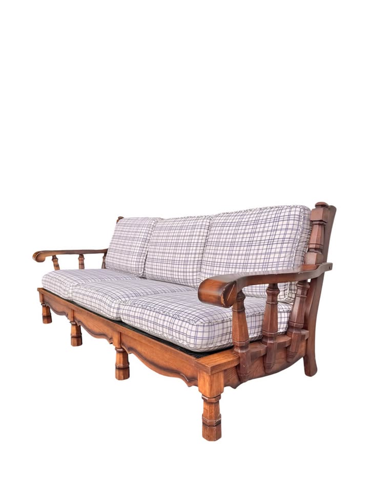 Vintage 3-Seater White & Blue Plaid Farmhouse Traditional Spindle Wood Frame Sofa w/Scalloped Apron