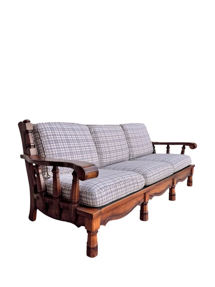 Vintage 3-Seater White & Blue Plaid Farmhouse Traditional Spindle Wood Frame Sofa w/Scalloped Apron