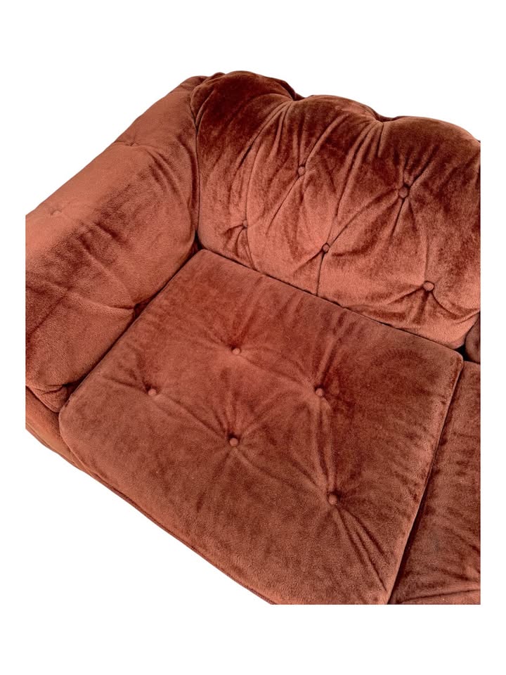 Vintage Mid Century 2-Seater Chocolatey Brown Velour Button Tufted Plush Crush Loveseat Sofa Couch w