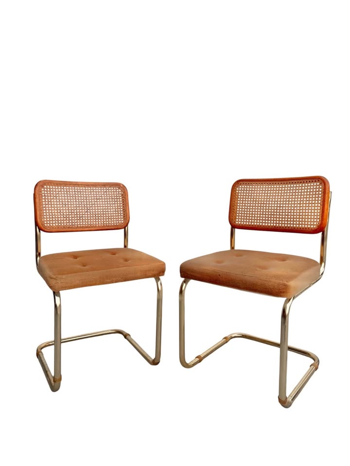 Pair of Vintage Mid Century Tan Velour Button Tufted Cesca Cane Back Dining Chairs w/Tubular Brass F