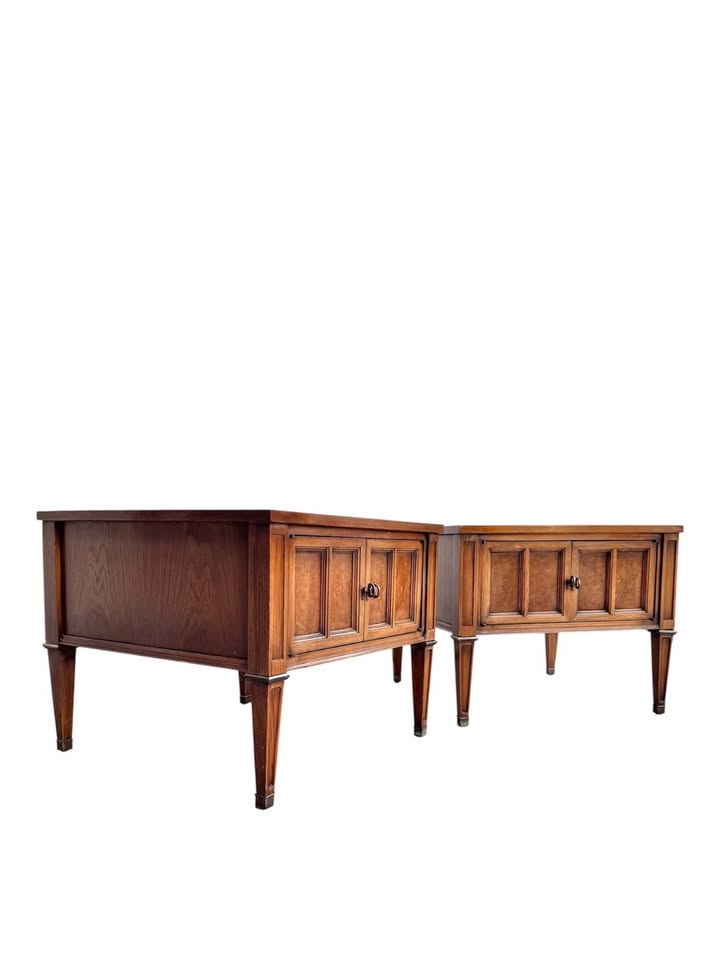 Pair of Vintage Mid Century Nightstands or Side Tables w/Double Door Cabinet, Brass Accents, Burl Fa