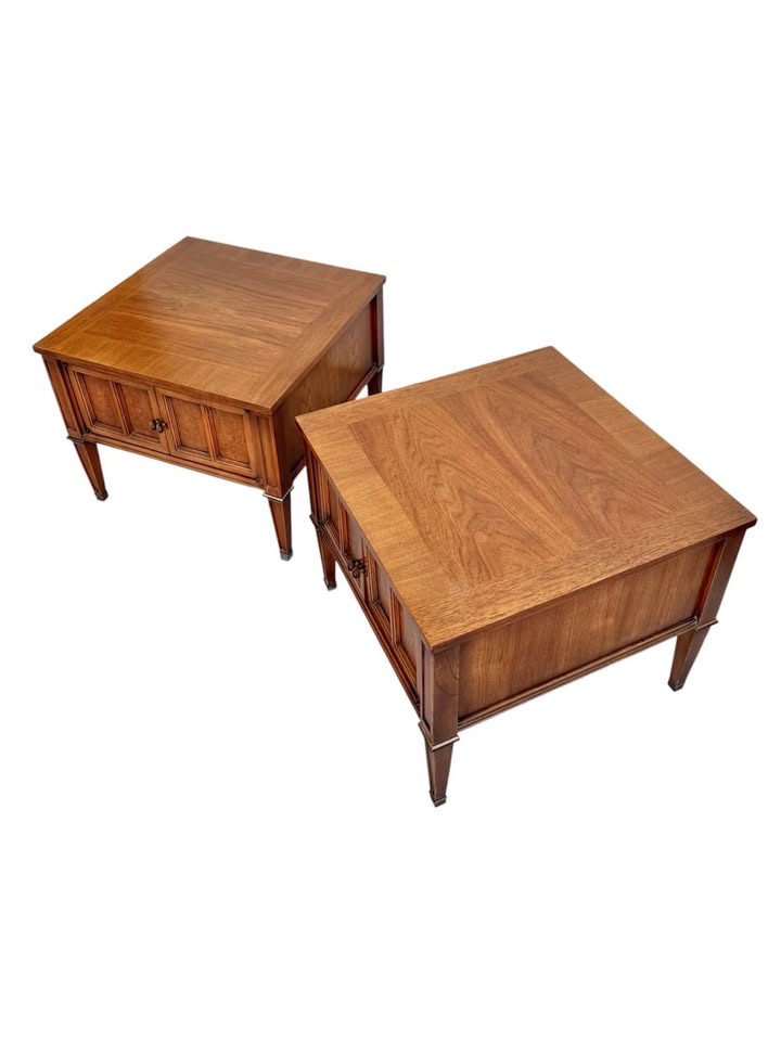 Pair of Vintage Mid Century Nightstands or Side Tables w/Double Door Cabinet, Brass Accents, Burl Fa