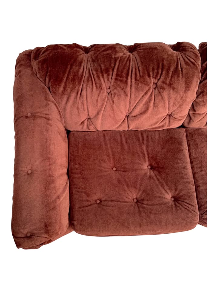 Vintage Mid Century 2-Seater Chocolatey Brown Velour Button Tufted Plush Crush Loveseat Sofa Couch w