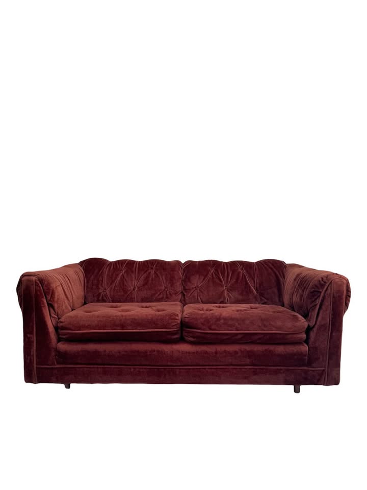 Vintage Mid Century 2-Seater Chocolatey Brown Velour Button Tufted Plush Crush Loveseat Sofa Couch w