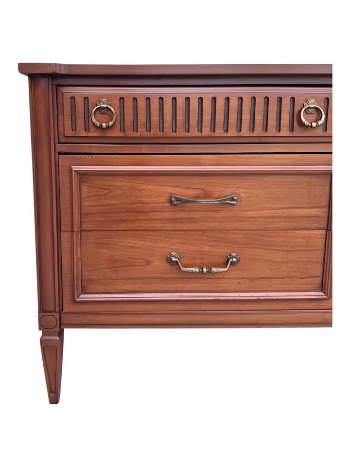 Vintage Mid Century 6-Drawer Walnut Dresser Credenza w/Fluted Facade Top Drawers & Framed Lower Draw