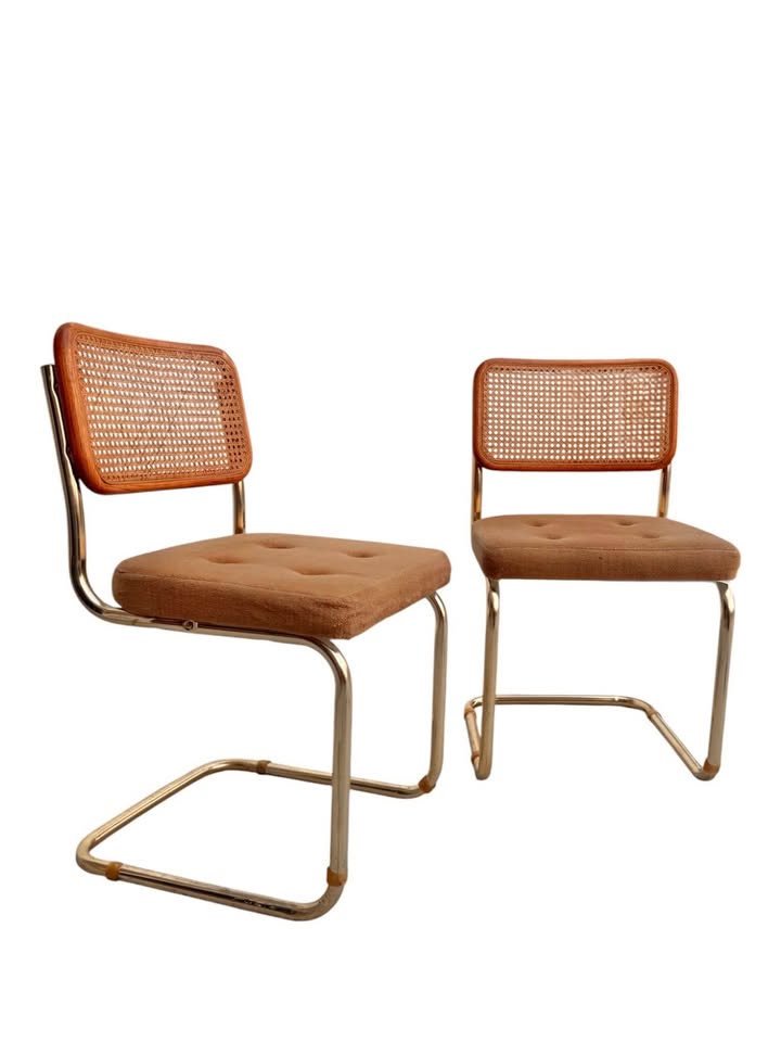Pair of Vintage Mid Century Tan Velour Button Tufted Cesca Cane Back Dining Chairs w/Tubular Brass F