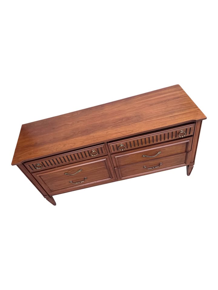 Vintage Mid Century 6-Drawer Walnut Dresser Credenza w/Fluted Facade Top Drawers & Framed Lower Draw