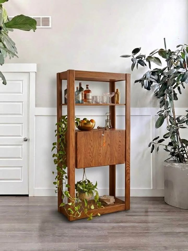 Vintage 1970's Large Scale 3-Tier Golden Oak Display Etagere Bookshelves Bookcase Bar Shelf w/Workin
