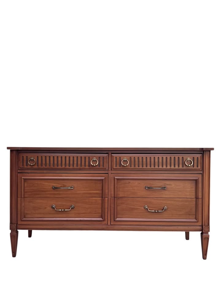 Vintage Mid Century 6-Drawer Walnut Dresser Credenza w/Fluted Facade Top Drawers & Framed Lower Draw