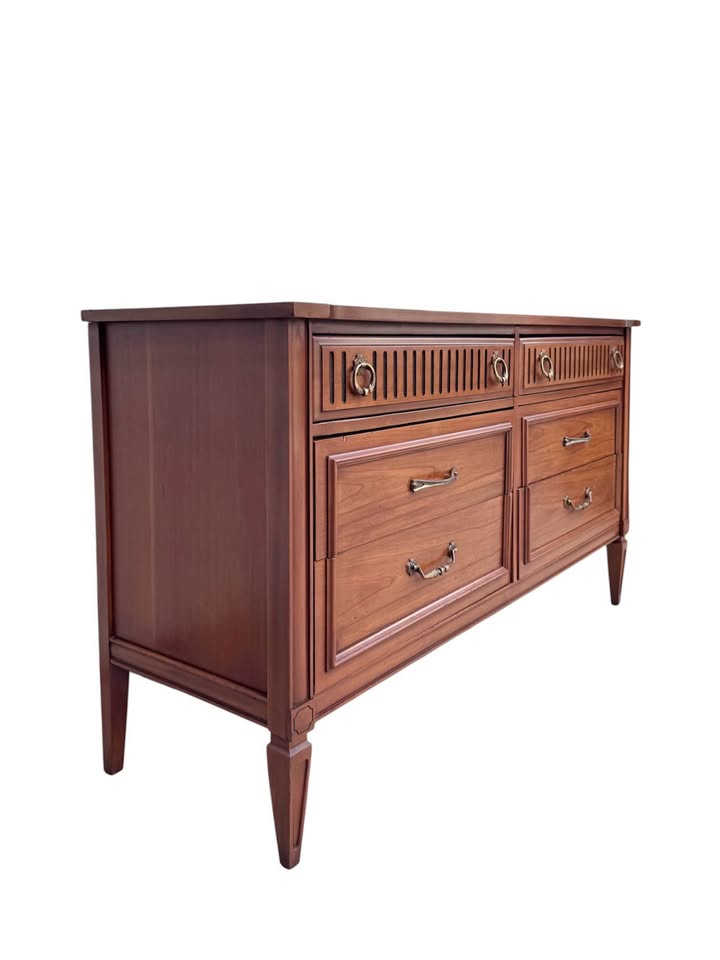 Vintage Mid Century 6-Drawer Walnut Dresser Credenza w/Fluted Facade Top Drawers & Framed Lower Draw
