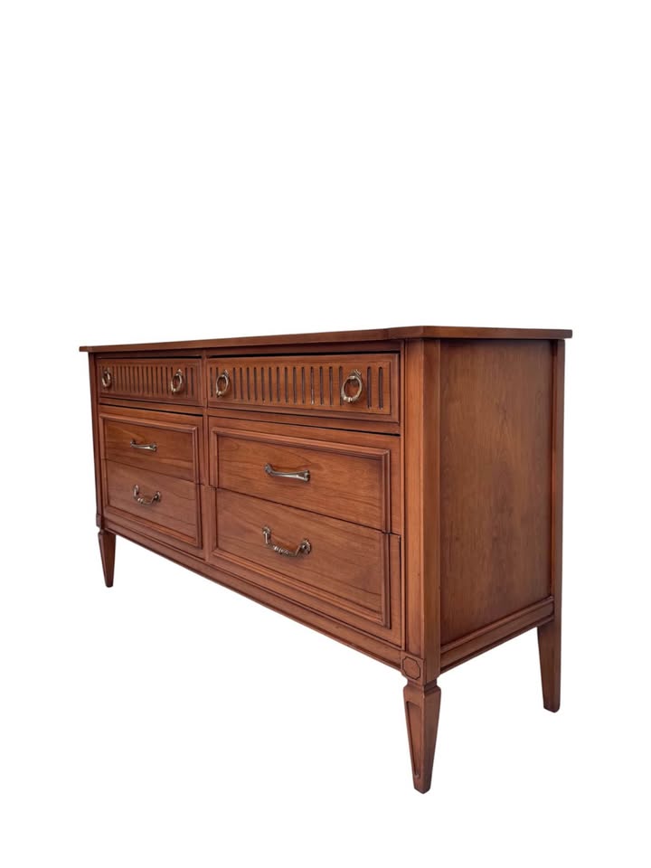 Vintage Mid Century 6-Drawer Walnut Dresser Credenza w/Fluted Facade Top Drawers & Framed Lower Draw