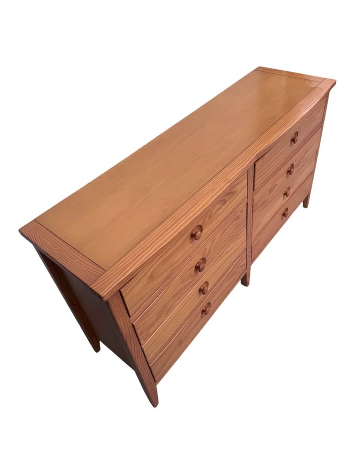 Vintage 8-Drawer Alegria Dresser Credenza in Sunset Finish w/Recessed Round Wooden Knobs & Thin Tape