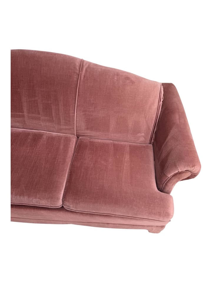 Vintage Mid Century Hollywood Regency Mauve Velvet 3-Seater Sofa Couch w/Channeled Camel Back, Rolle