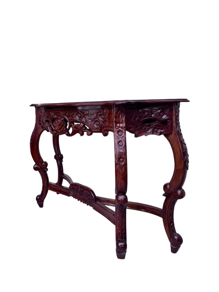 Vintage Demilune Baroque & Rococo Style Carved Hall or Console Table w/Floral Central Medallion, Scr